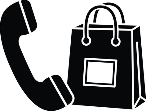 Phone and shopping bag icon vector illustration, black call to order symbol for e-commerce customer service teleshopping retail support designs