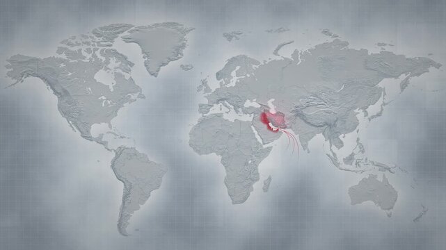 Animated map depicting airstrikes on Iran and retaliatory Iranian strikes on neighboring countries hosting US bases. Visualizing escalating conflict and military tensions in the Middle East