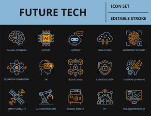 Future technology vector icon set. Editable stroke outline icons of AI, VR, blockchain, IoT, and machine learning for UI design.