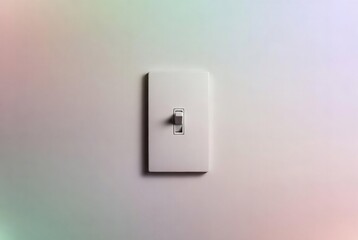 A white light switch is mounted on a textured, pastel-colored wall.