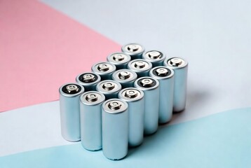 Obraz premium A stack of AA batteries is arranged on a pink and blue fabric background.