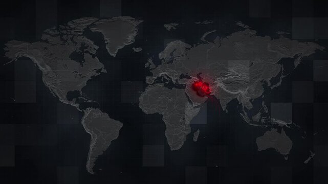 Animated map depicting airstrikes on Iran and retaliatory Iranian strikes on neighboring countries hosting US bases. Visualizing escalating conflict and military tensions in the Middle East