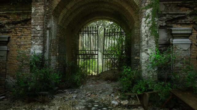 Arched gate opening onto green garden beyond, ironwork mottled with rust and ivy, narrow path framed by mossy stone and soft backlight, scene suggests discovery