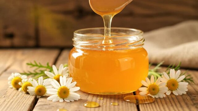 Honey dripping from a wooden spoon into a glass jar with chamomile flowers on a rustic wooden surface