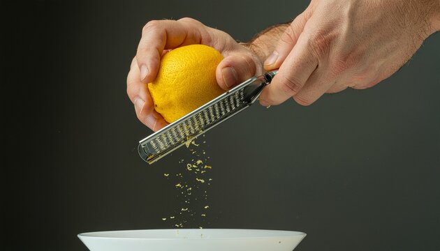 Hand grating fresh yellow lemon to create citrus zest over white bowl.