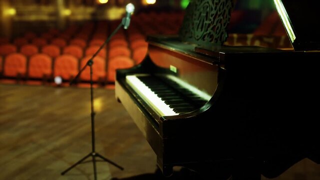 Grand piano under warm stage lights, empty theater rows and microphone stand, soft amber lighting creating cinematic ambience, rehearsal residue visible,