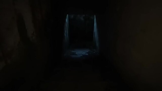 Dark Tunnel Interior with Single Hanging Lightbulb