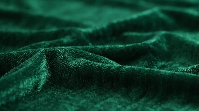 Close-up view of dark emerald green velvet fabric texture with soft folds and shadows