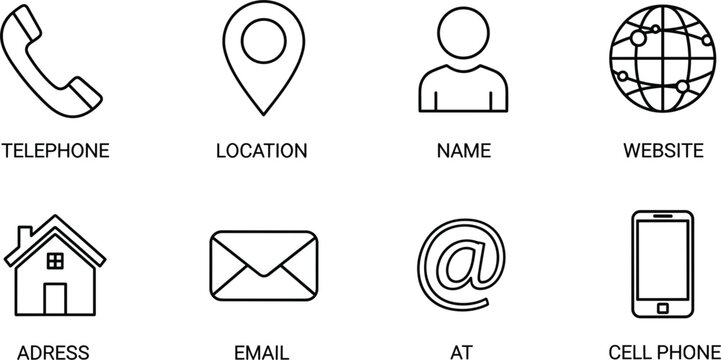 Contact information icon set vector illustration, black outline telephone location name website address email @ cell phone with labels for business card UI designs