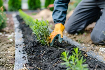 Naklejka premium Gardening Expert Planting New Shrubs with Care in Fresh Soil Bed