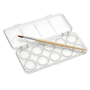 Empty watercolor paint palette and brush in clear plastic case