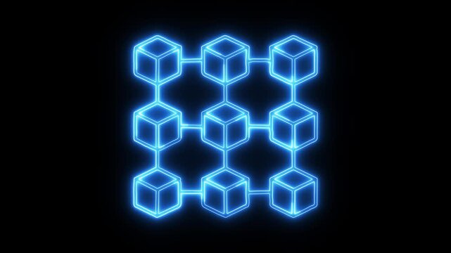Blockchain network cube grid animation. Blockchain data connection structure. Decentralized technology