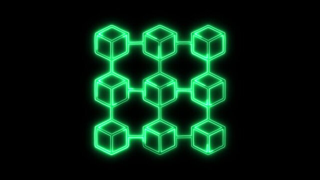 Blockchain network cube grid animation. Blockchain data connection structure. Decentralized technology