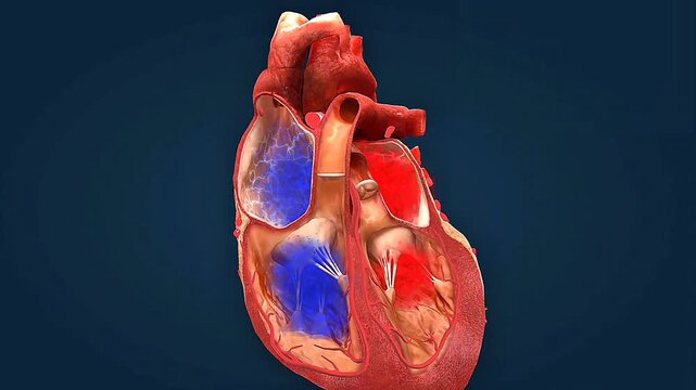 Animated human heart with blue and red chambers on dark background medical illustration