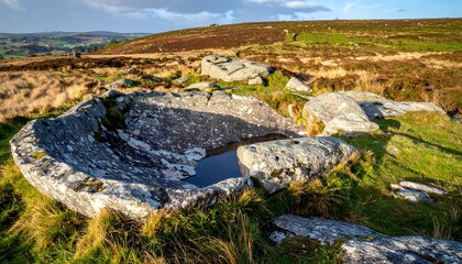 Fototapeta premium Stone basin holds water on a grassy hillside under a cloudy sky in a rural, natural landscape