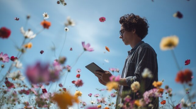 Un hombre joven con un tablet en la mano en el campo rodeado de flores en el aire