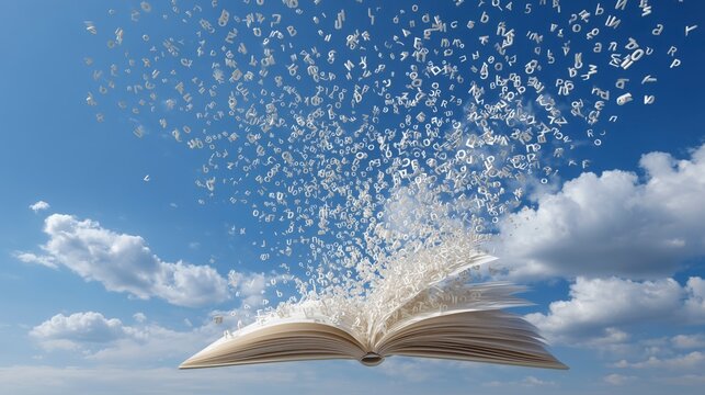 Un libro abierto con las hojas blancas y de las p&aacute;ginas del libro salen letras o figuras que flotan en el aire