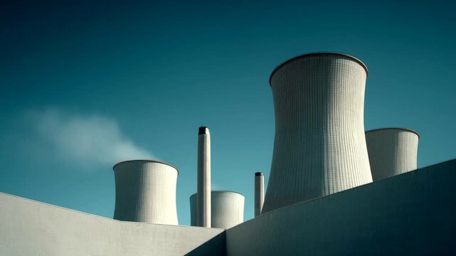 Industrial cooling towers against a clear blue sky