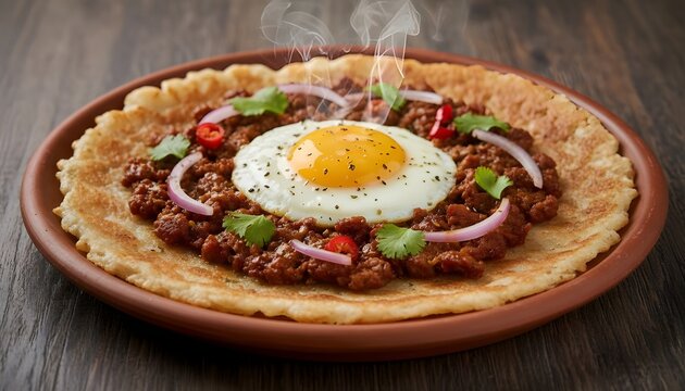Macro Close Up Traditional Nepali Chatamari Rice Crepe Pizza with Minced Meat Egg Onions Chili Glossy Sauce Steam