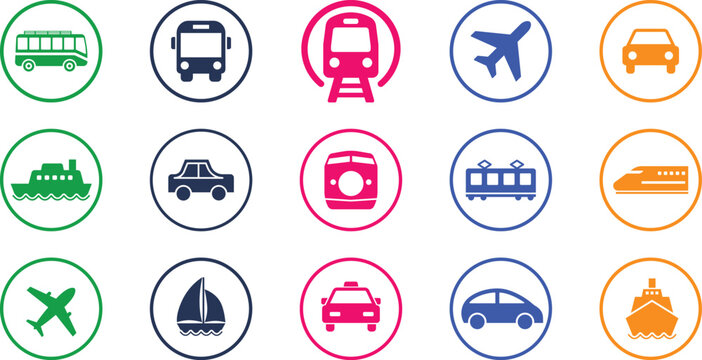 Transportation icons set buses trains cars boats airplanes and more in various colors