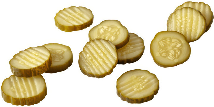 Sliced pickles with ridges on white background slices
