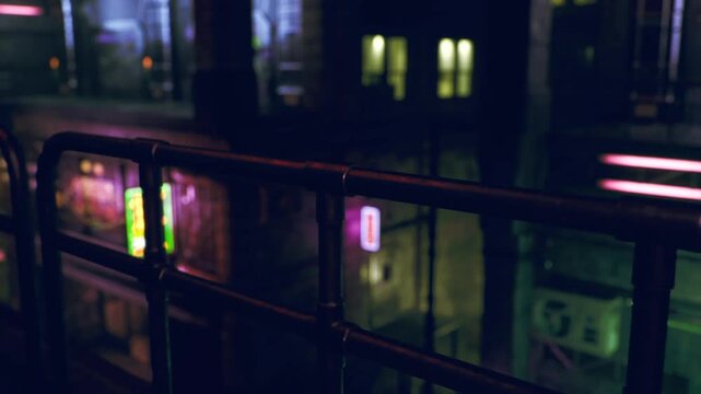 Glowing window view in Seoul with neon signs, distant apartment lights and reflective glass, creating quiet voyeuristic atmosphere and soft colored haze.