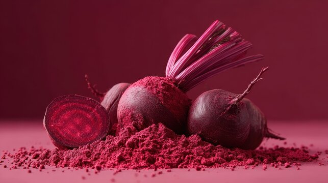 Fresh red beets and beet powder on a dark pink background