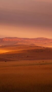 Vertical video: Sun shifting lighting grass, dunes, ridges on plain under cloud band, making glows