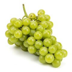 A cluster of vibrant green grapes hanging from a stem against a white background.