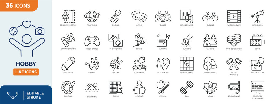 Hobby icon set. Outline icons collection. editable stroke. Vector illustration