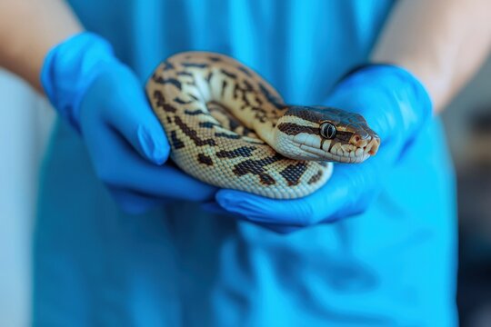 Veterinarian in blue medical gloves gently holding a ball python during a health checkup at an animal clinic