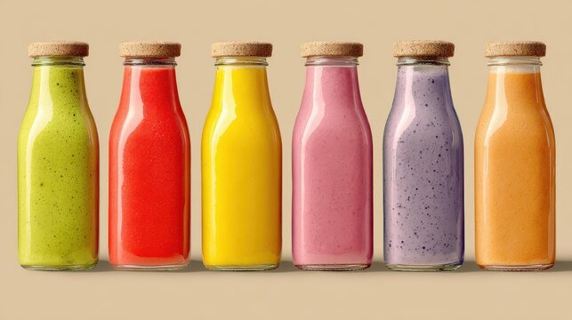 Set of various fruit and vegetable smoothies in glass bottles on solid beige background