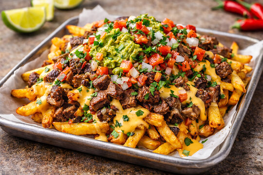 Loaded carne asada fries topped with grilled steak, guacamole, pico de gallo and melted cheese sauce on tray &ndash; mexican street food style comfort dish