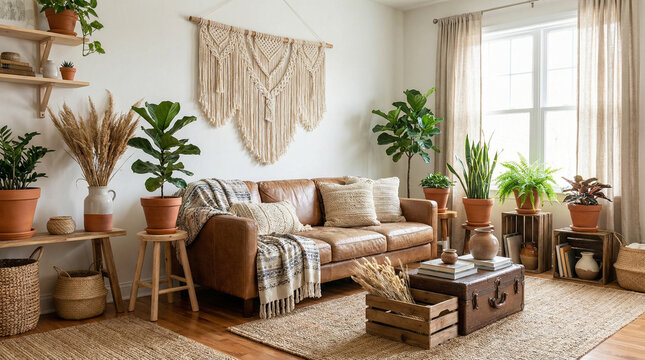 Boho Living Room Macrame Plants Natural Decor. Stylish bohemian living room interior with macrame wall hanging indoor plants and natural earthy decor elements