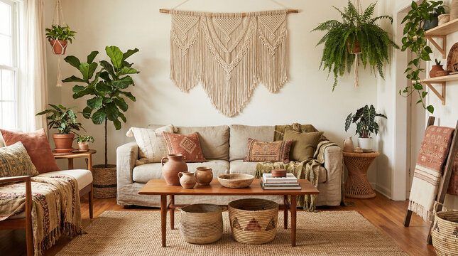 Boho Living Room Macrame Plants Natural Decor. Stylish bohemian living room interior with macrame wall hanging indoor plants and natural earthy decor elements