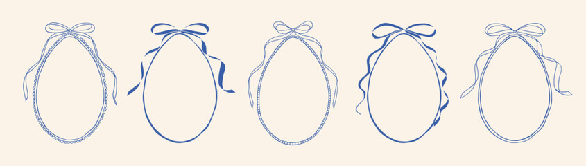 Blue Easter frames with egg shape, bows and ribbons, hand drawn doodle style line art. Decorative outlines for greeting card, invitation, wedding design, baby shower, branding, poster, print © Svitla