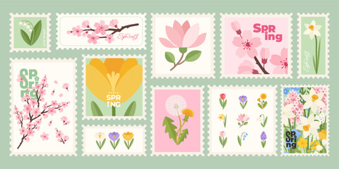 Botanical postage Stamp Set with beautiful Spring flowers, tulip, daffodil, crocus, hyacinth, bluebell, sakura, dandelion, lily of the valley. Floral design template for cards, stickers © Svitla
