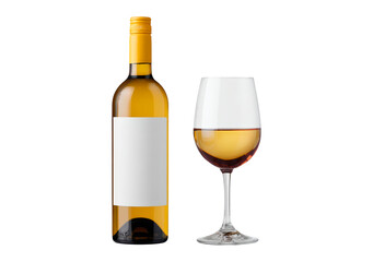White wine bottle and half filled glass on transparent background PNG