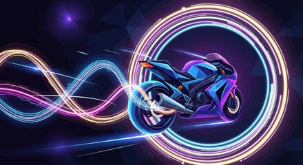 Motorcycle Rider in Neon Circle Motion. © AAS CREATIVE