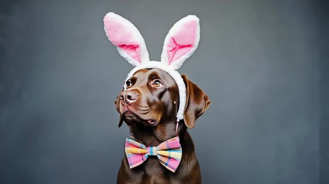 Funny chocolate labrador retriever wearing an easter bunny costume with pink ears and a bow tie. Cute pet portrait sequence for a spring holiday celebration or website banner