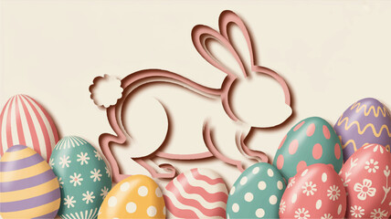 Easter bunny silhouette runs with colorful decorated eggs in pastel hues on cream background