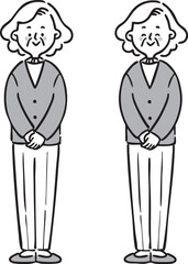 シニア女性　祖母　全身　ベクター（モノクロ）