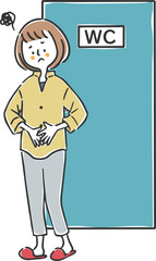 トイレの前でお腹を押さえている女性　全身　ベクター