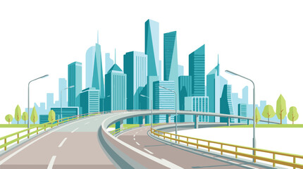 Obraz premium Modern urban cityscape with skyscrapers, elevated roads, and green trees