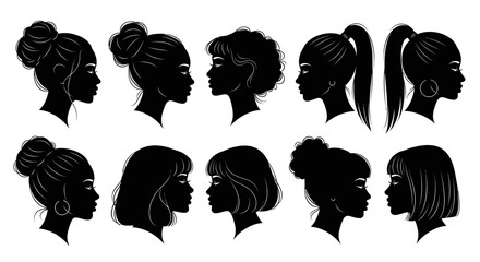 Diverse Collection of Black Silhouettes of Women's Hairstyles and Profiles © andi