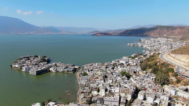 Erhai Lake Dali Aerial View with Ancient Villages and Mountains