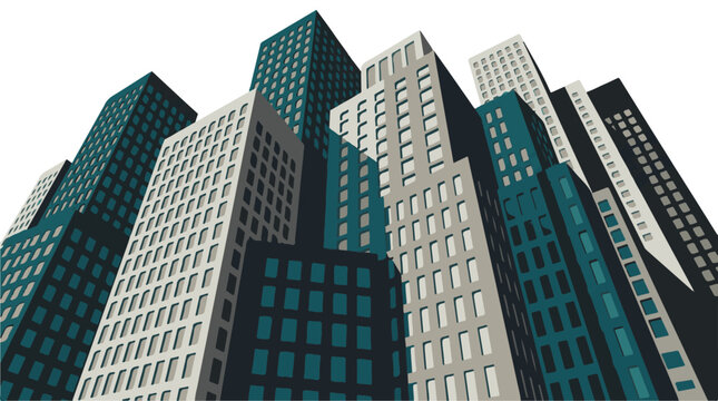Modern geometric cityscape with stylized high-rise buildings and dynamic perspective