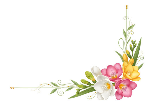 Floral corner border with colorful freesia flowers. Spring background with pink, yellow, and white blossoms. Elegant decoration for wedding invitation or greeting card with copy space