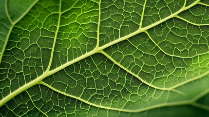 Obraz premium Extreme macro view of a green plant leaf showing intricate vein structure and organic cellular pattern. Natural botanical texture representing biology, growth, sustainability and eco environment.