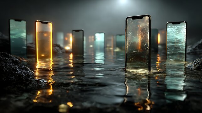 Multiple smartphone mockups reflecting in dark still water images